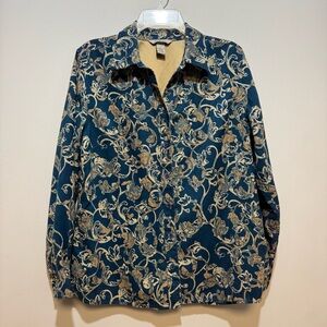 Floral Patterned Button down Jacket - Blue‎ and Gold